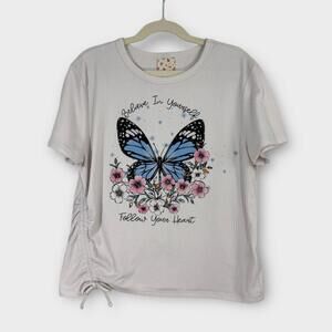 Belle Du Jour Girl’s Size Large White Butterfly Graphic Ribbed Casual T Shirt